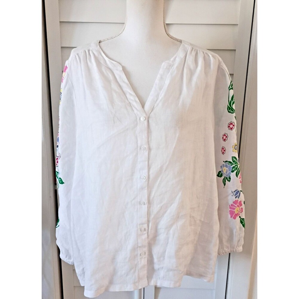 Charter Club‎ Luxury Linen Blouse with printed "embroidery look" long sleeves XL